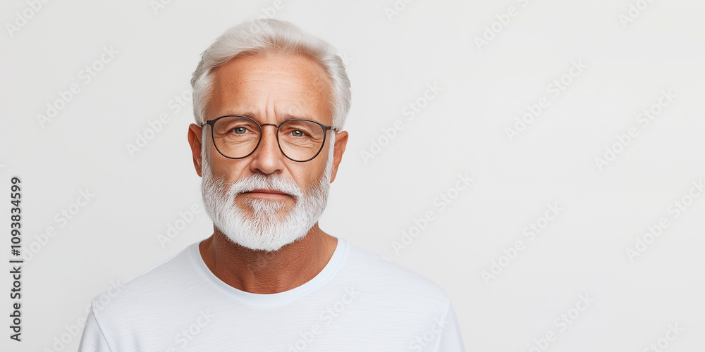 mature man with gray hair and glasses, exuding wisdom and calmness. His white beard complements his thoughtful expression, creating serene atmosphere. mature man with gray hair and glasses, exuding wisdom and calmness. His white beard complements his thoughtful expression, creating serene atmosphere.