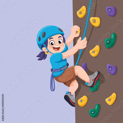 Girl rock climbing with safety gear and a joyful smile