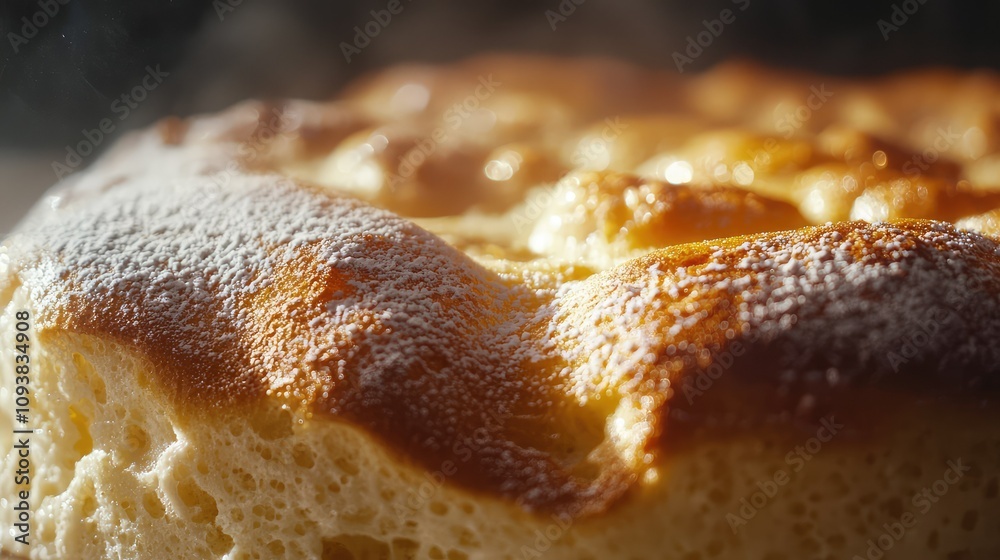 Close-Up View of a Puffy and Fluffy Baked Souffle with Delicate Crust and Dusting of Powdered Sugar, Capturing the Golden Brown Texture and Soft Interior Close-Up View of a Puffy and Fluffy Baked Souffle with Delicate Crust and Dusting of Powdered Sugar, Capturing the Golden Brown Texture and Soft Interior