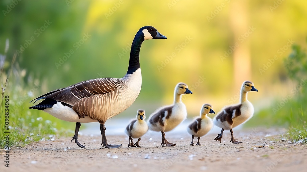Peaceful Family of Geese Strolling on Sunlit Path in Pastoral Landscape Peaceful Family of Geese Strolling on Sunlit Path in Pastoral Landscape