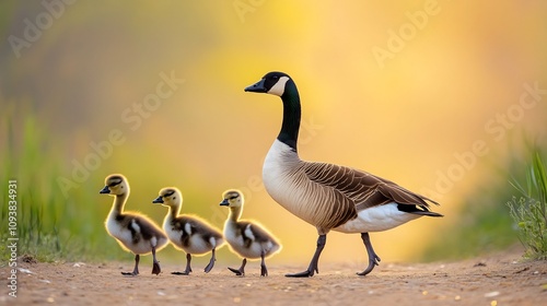 A Family of Geese Peacefully Walking Across a Sunlit Dirt Path