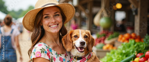 Woman with Beagle at vibrant farmer's market, pet-owner resemblance