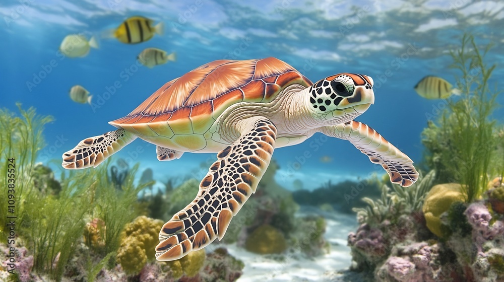 Fototapeta premium Majestic Sea Turtle Gliding Through Tranquil Underwater Seascape