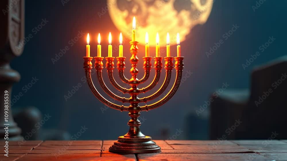 Elegant brass menorah with nine lit candles on wooden table against glowing moonlit night background - symbol of hanukkah celebration Elegant brass menorah with nine lit candles on wooden table against glowing moonlit night background - symbol of hanukkah celebration