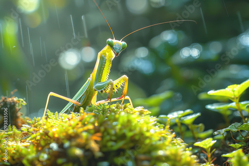 Mantis on a green background,  photo