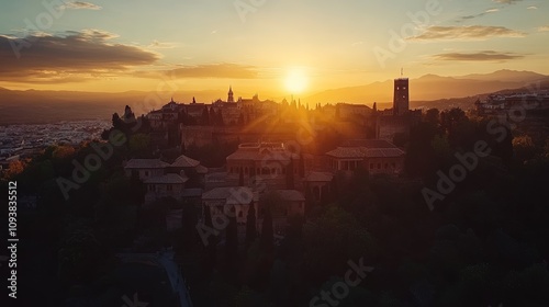 erial view of the historic Alhambra palace at sunset in Granada, Andalusia, Spain. The ancient Arabic fortress Alhambra during the beautiful evening. Aerial drone footage of Granada cityscape  photo