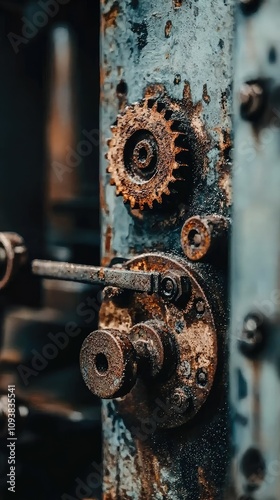 Close-Up of Vintage Rusty Gears and Mechanical Components on Old Machine Showcasing Industrial Aesthetic and Textures for Grunge and Retro Themes