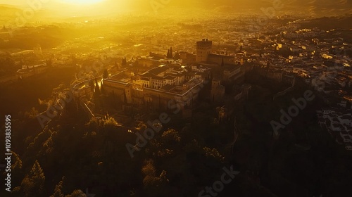 erial view of the historic Alhambra palace at sunset in Granada, Andalusia, Spain. The ancient Arabic fortress Alhambra during the beautiful evening. Aerial drone footage of Granada cityscape  photo