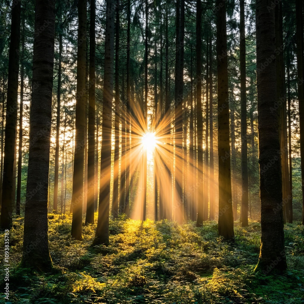Obraz premium A forest at golden hour with intense sunlight streaming through tall trees, creating vibrant highlights, forest scene, tranquility in nature