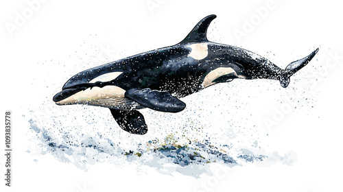 Orca killer whale watercolor vector illustration isolated on a white background for your design, black and white