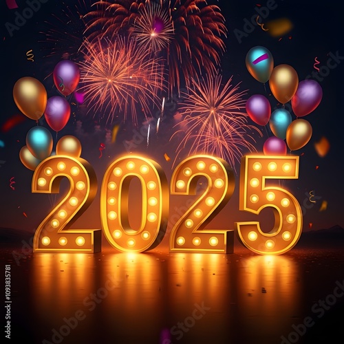 Festive scene featuring glowing golden 2025 numbers illuminated with light bulbs, surrounded by colorful balloons and confetti, with vibrant fireworks lighting up the evening sky. A hyper-realistic, l