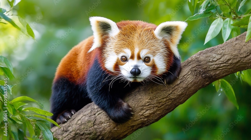 A Captivating Red Panda Perched on a Tree Branch in a Lush Green Forest