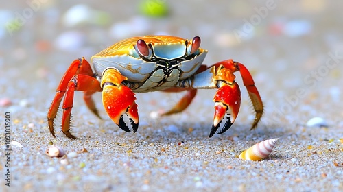 A Vibrant Crab Traversing a Sandy Beach Amidst Scattered Shells