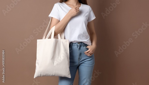 A Woman Holding a Stylish and Eco-Friendly Reusable Tote Bag Against a Brown Background: Promoting Sustainable Shopping Habits and Eco-Conscious Lifestyle photo