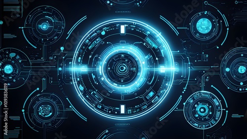 Futuristic blue technology HUD interface with glowing circles and circuits.