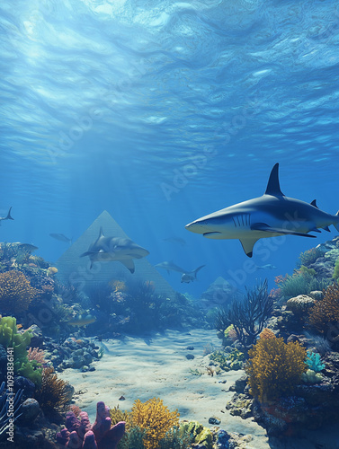 Hammerhead Sharks by Egyptian Pyramids: Shallow Reef HD Render