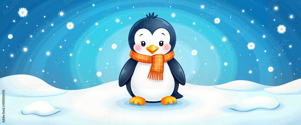 Cute penguin in snowy scene, winter wonderland illustration Cute penguin in snowy scene, winter wonderland illustration