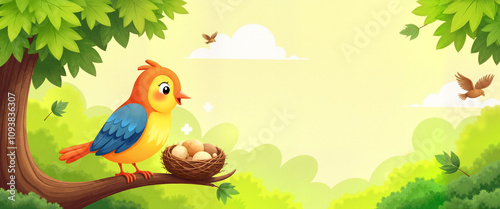 Colorful bird chirps by nest in whimsical forest, childhood wonder