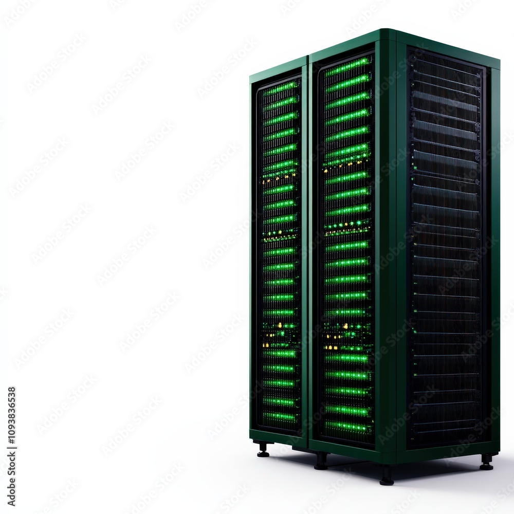 A sleek server rack with vibrant green lights, showcasing advanced technology and efficient data management.