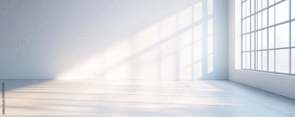 Obraz premium A minimalist interior lit by intense sunlight through large windows, sharp contrasts defining clean lines, modern sunlight, design precision
