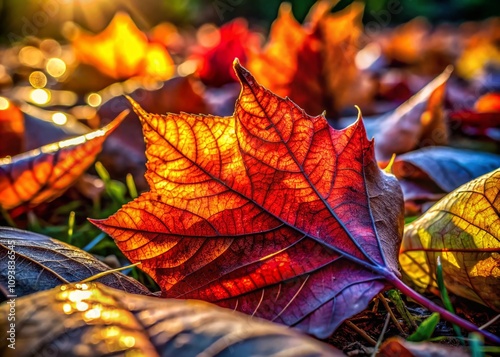 Close-Up Macro Photography of Colorful Leaves on the Ground in Autumn, Showcasing Detailed Textures and Vibrant Colors for Nature and Seasonal Themes