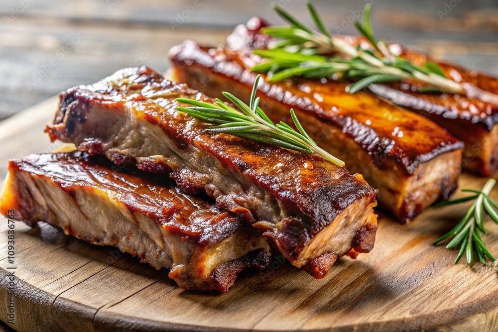 Close-Up Minimalist Photography of Succulent Beef or Pork Ribs on a Neutral Background with Subtle Textures and Natural Lighting, Highlighting Juicy Meat and Tenderness Close-Up Minimalist Photography of Succulent Beef or Pork Ribs on a Neutral Background with Subtle Textures and Natural Lighting, Highlighting Juicy Meat and Tenderness