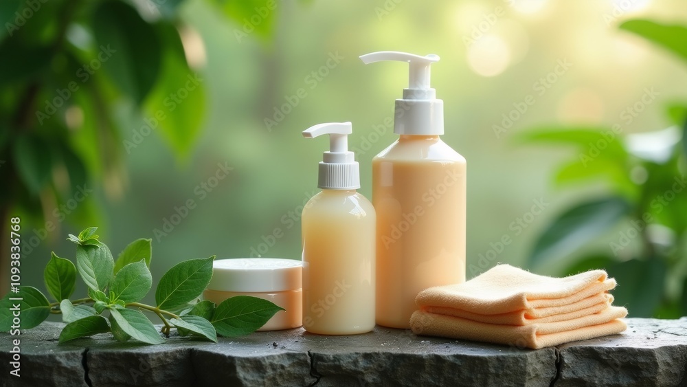 The image shows three bottles of hand sanitizer and a small jar of cream on a stone surface. The bottles are light orange in color and have white pump dispensers. The jar is white and has a lid. The image shows three bottles of hand sanitizer and a small jar of cream on a stone surface. The bottles are light orange in color and have white pump dispensers. The jar is white and has a lid.