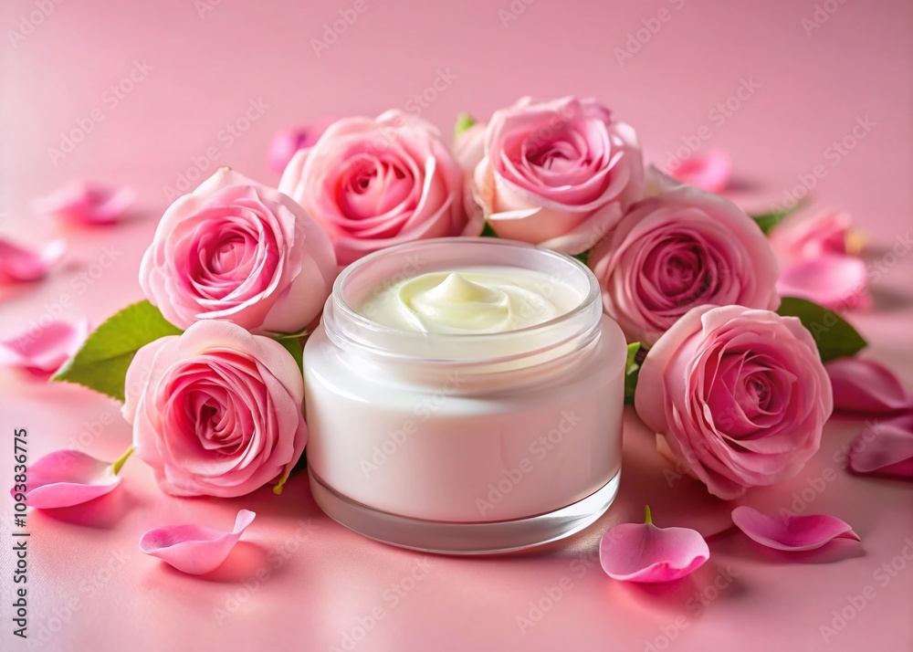 Closeup Mockup of a White Blank Face Cream Jar Surrounded by Pink Roses on a Soft Pink Background for Skincare and Beauty Products