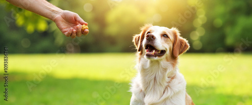 Person training attentive dog in sunny park, obedience lesson