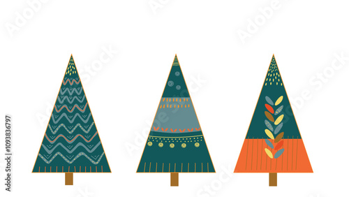 Three Christmas trees in teal, orange, and beige-on-white in the Scandinavian style. A flat design for New Year's decorations. A tree illustration for a holiday card. Vector illustration.