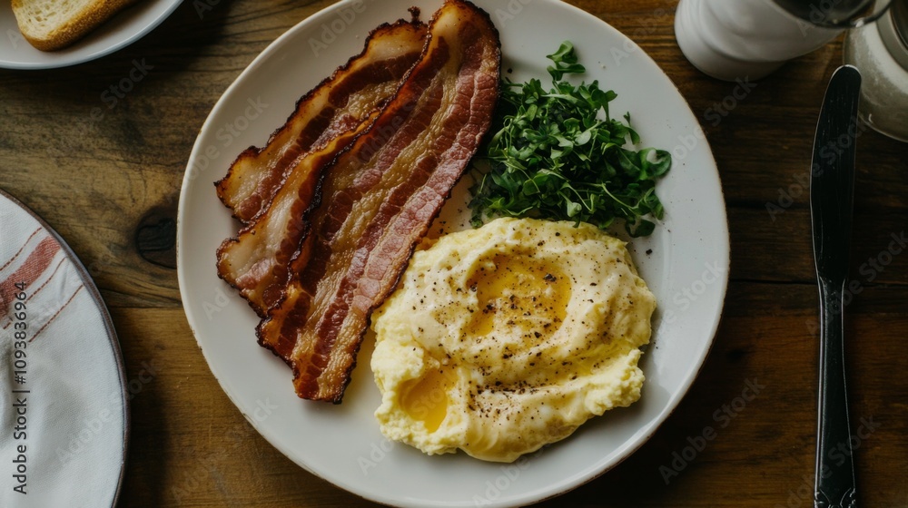 Delicious plate of breakfast featuring crispy bacon, fresh greens, creamy mashed potatoes drizzled with butter, served on a rustic wooden table for a hearty morning meal Delicious plate of breakfast featuring crispy bacon, fresh greens, creamy mashed potatoes drizzled with butter, served on a rustic wooden table for a hearty morning meal