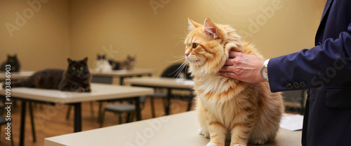Fluffy Persian cat examined at show, feline competition judging photo