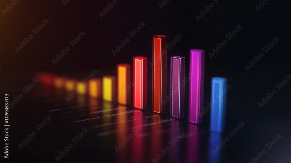 Colorful 3D Bar Graph on Dark Background Representing Data Visualization and Analysis with Vibrant Shades of Red, Purple, and Blue for Business Insights and Reports Colorful 3D Bar Graph on Dark Background Representing Data Visualization and Analysis with Vibrant Shades of Red, Purple, and Blue for Business Insights and Reports