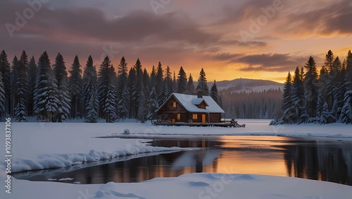  A cozy log cabin nestled in a snow-covered forest, illuminated by warm glowing lights. The scene captures a tranquil winter sunset with soft orange and purple hues, reflecting beautifully on a partia photo