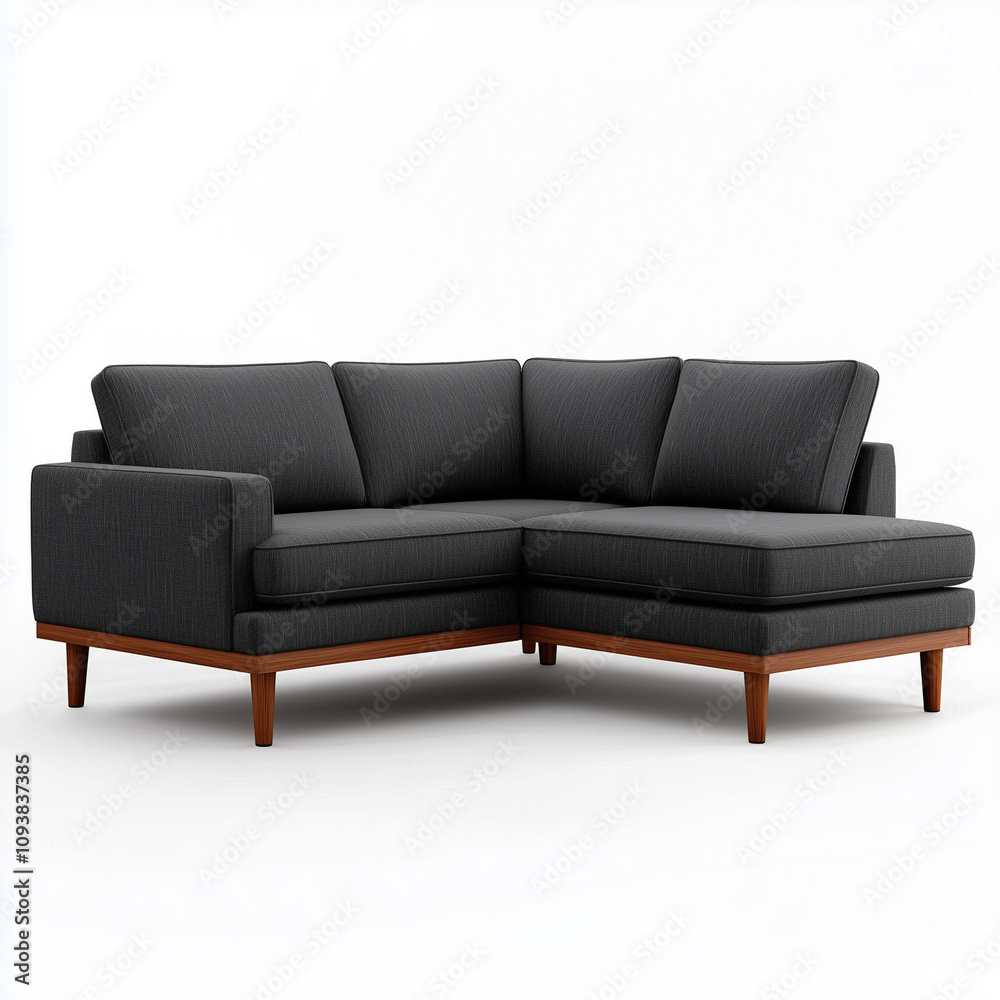 Scandinavian corner sofa sectional design dark grey upholstery wooden base isolated on white background Scandinavian corner sofa sectional design dark grey upholstery wooden base isolated on white background