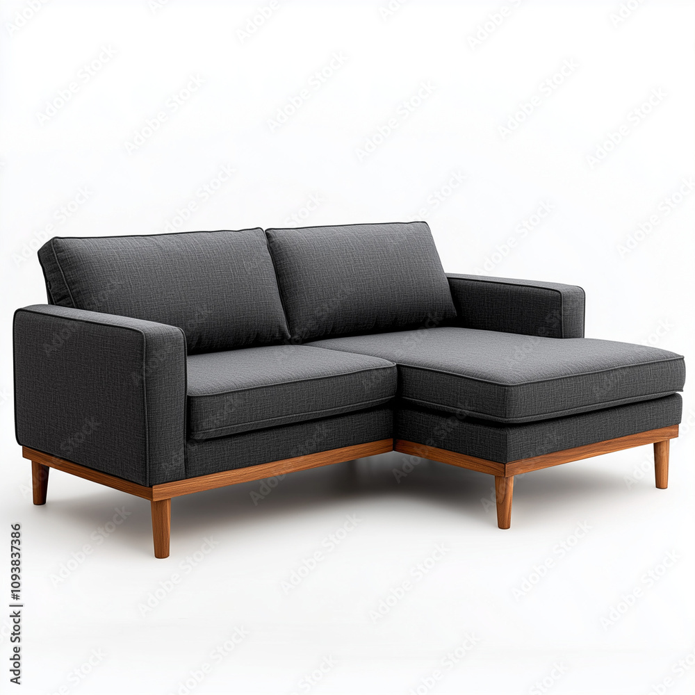 Scandinavian corner sofa sectional design dark grey upholstery wooden base isolated on white background Scandinavian corner sofa sectional design dark grey upholstery wooden base isolated on white background