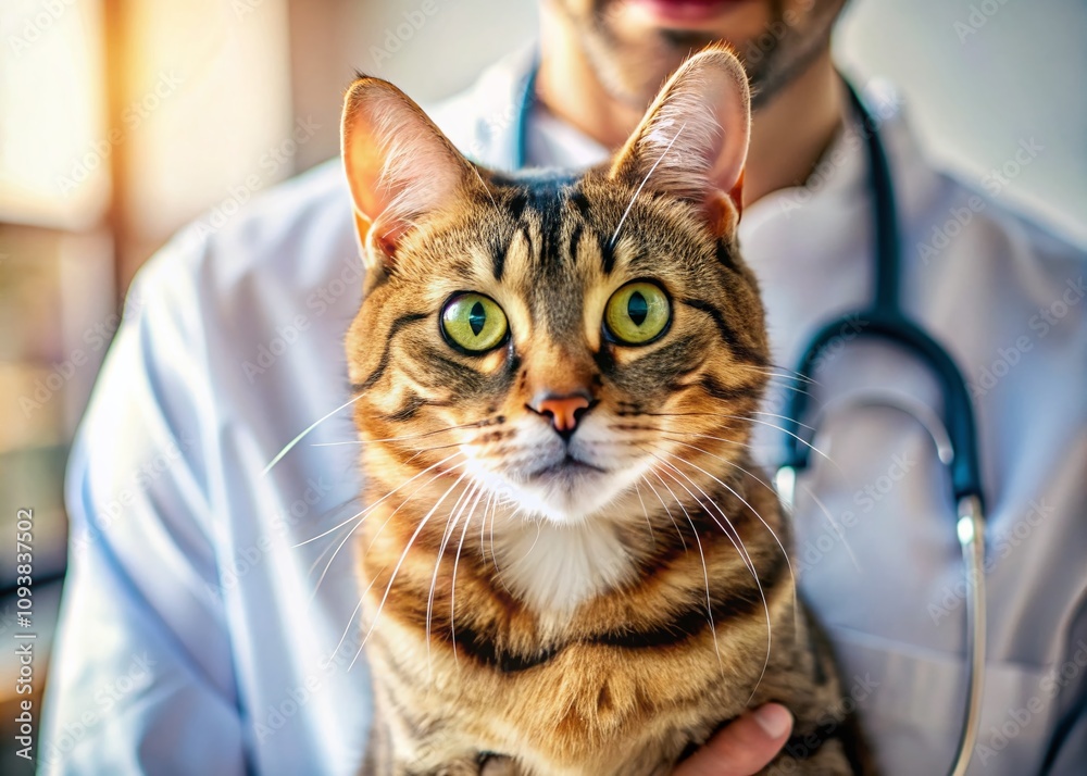 Closeup of a Cute Domestic Cat Being Held by Veterinary Staff During a Routine Checkup in a Veterinary Clinic with Soft Lighting and a Calm Atmosphere Closeup of a Cute Domestic Cat Being Held by Veterinary Staff During a Routine Checkup in a Veterinary Clinic with Soft Lighting and a Calm Atmosphere