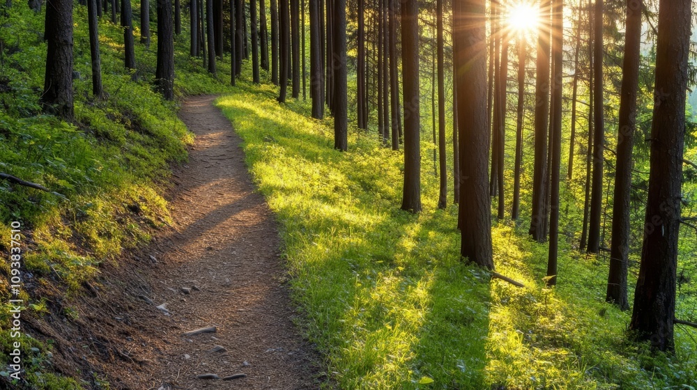 Fototapeta premium A scenic hiking trail softly illuminated by sunlight filtering through trees, trail sunlight, inviting adventure