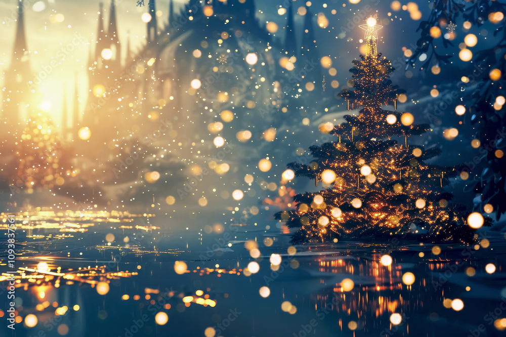 Obraz premium A classic Christmas card with a glowing tree in a snowy twilight scene