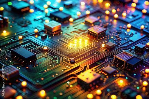 Close-Up of a Futuristic Circuit Board Featuring Glowing Components and Intricate Designs, Capturing the Beauty of Technology in a High-Tech Landscape Photography Style