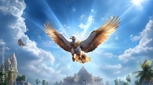 Triumphant Garuda Soaring Over Heavenly Temple Under Glowing Sunlight photo