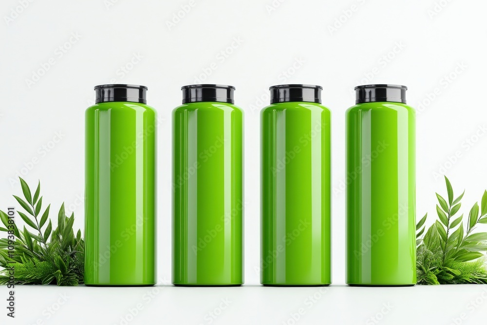 Four vibrant green bottles beside fresh greenery against a clean white background, reflecting a natural and eco-friendly theme. Four vibrant green bottles beside fresh greenery against a clean white background, reflecting a natural and eco-friendly theme.