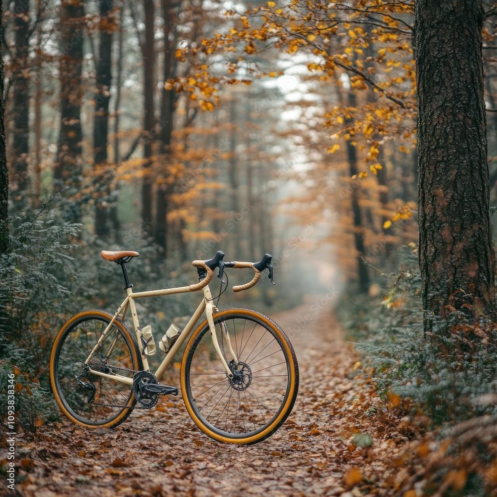 A bicycle stands on a leaf-covered path in a serene autumn forest. A bicycle stands on a leaf-covered path in a serene autumn forest.