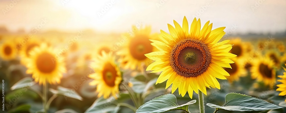 Obraz premium A vast field of sunflowers under the brightest sunlight, every petal radiating vivid yellow tones, sunflower sunlight, vibrant nature