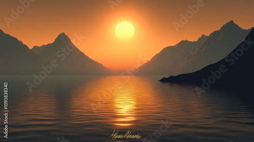 Serene Sunset Over Mountainous Waterscape