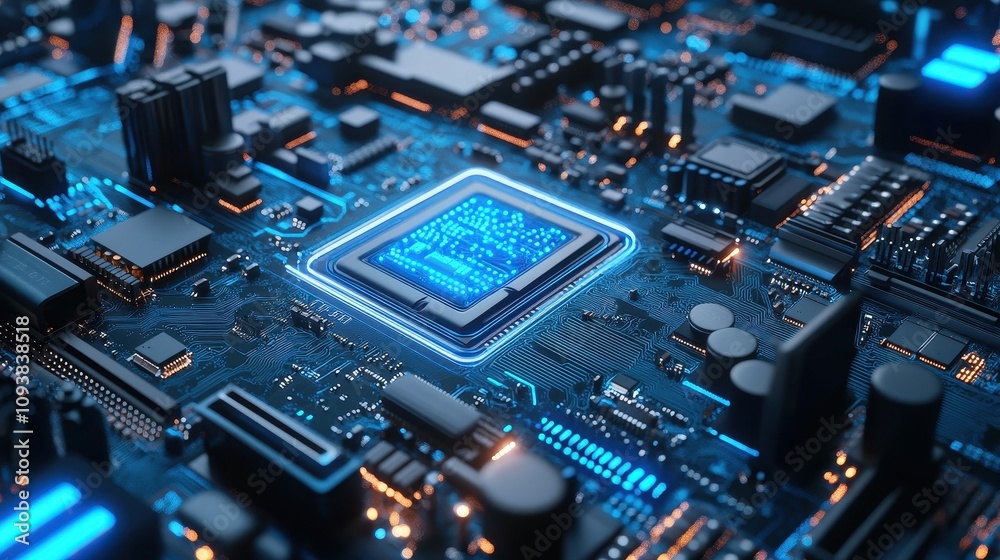 Fototapeta premium Illuminated Central Processing Unit On Motherboard Circuitry