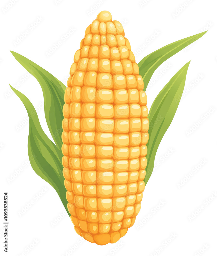 Obraz premium Bright yellow corn on the cob surrounded by green leaves isolated on transparent background.