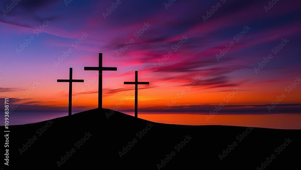 Dramatic Sunset Illuminates Three Crosses on a Hill Dramatic Sunset Illuminates Three Crosses on a Hill