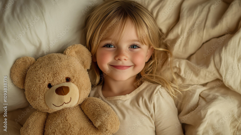 A cheerful young girl hugs her favorite teddy bear, radiating joy and innocence in a warm, cozy home filled with soft light. A cheerful young girl hugs her favorite teddy bear, radiating joy and innocence in a warm, cozy home filled with soft light.