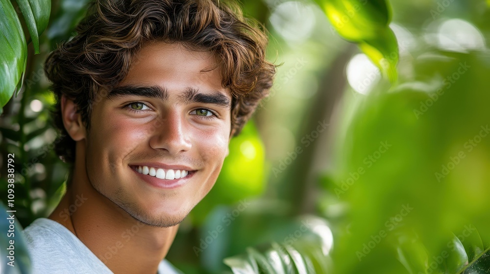 Cheerful young man beams amidst a lush jungle garden, surrounded by vibrant plants, showcasing pure joy in nature. Cheerful young man beams amidst a lush jungle garden, surrounded by vibrant plants, showcasing pure joy in nature.